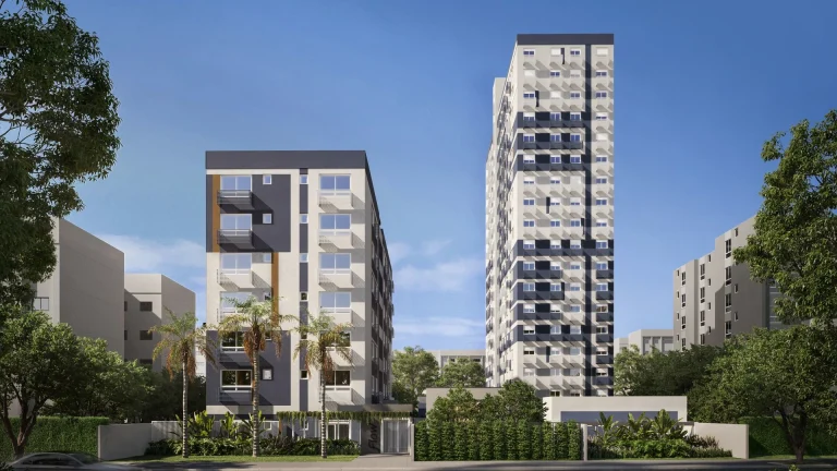 Fachada do Flow Easy Living, studio e apartamentos na Rua Guilherme Alves, no Partenon, Porto Alegre