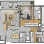 Planta do apartamento de 77,9 m² com sacada de 9,57 m² e 2 quartos no Mirante Country Club, Porto Alegre